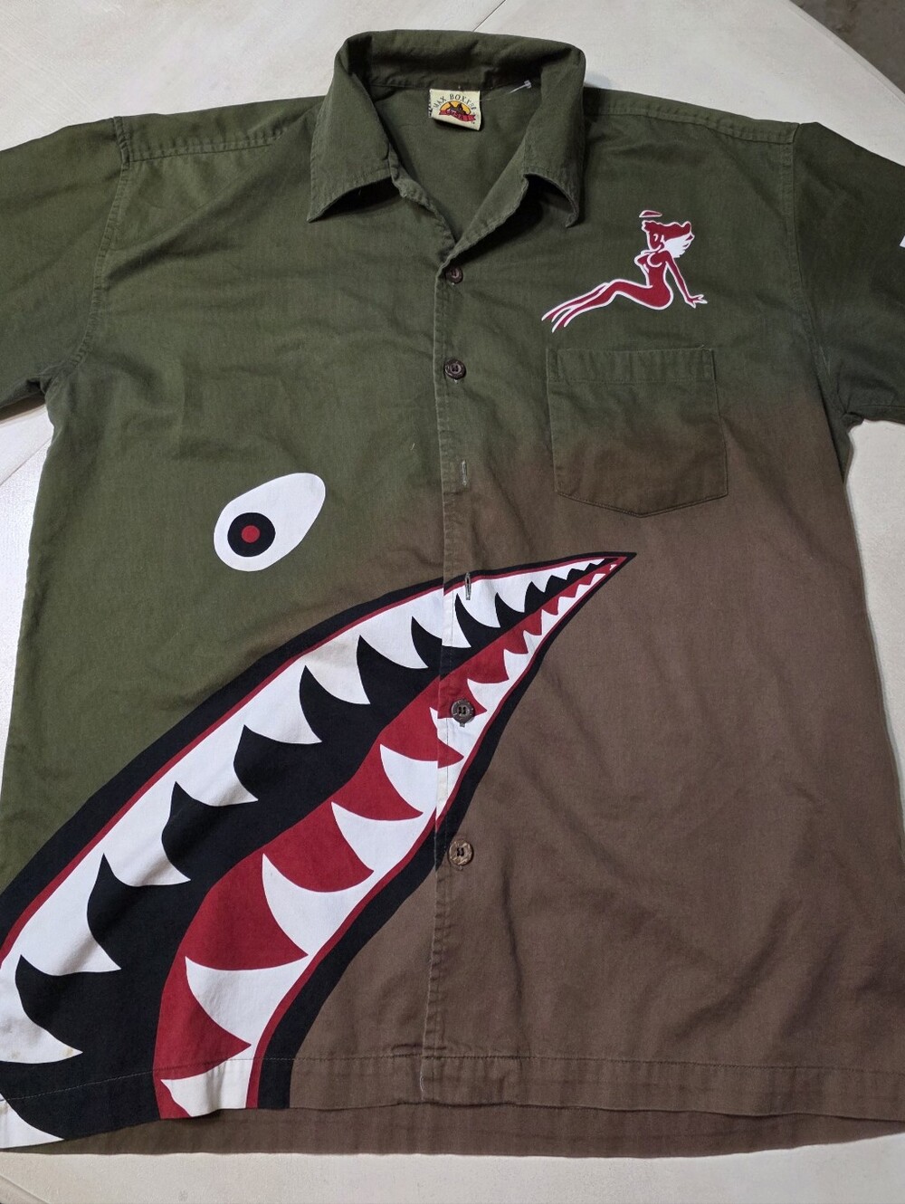 Max Boxxer Vintage Style Flying Tiger Shark Face Button Down Shirt Mens Size L - Picture 3 of 11